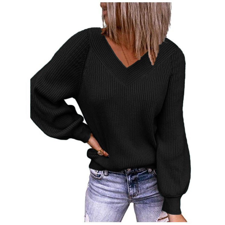 Damen Strickpullover mit V-Ausschnitt und voluminösen Ärmeln