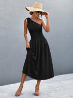 Damen Midikleid mit schnörkellosem Ein-Schulter-Design und elastischem Taillenband R&B