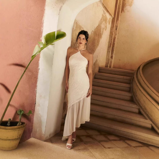 Damen Asymmetrisches Hochzeitskleid mit eleganter Spitze R&B