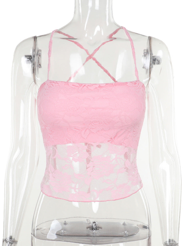 Damen Spitzen-Crop-Top mit verstellbaren Spaghetti-Trägern und floralem Muster R&B