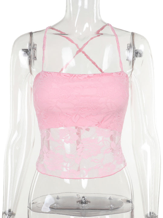 Damen Spitzen-Crop-Top mit verstellbaren Spaghetti-Trägern und floralem Muster R&B