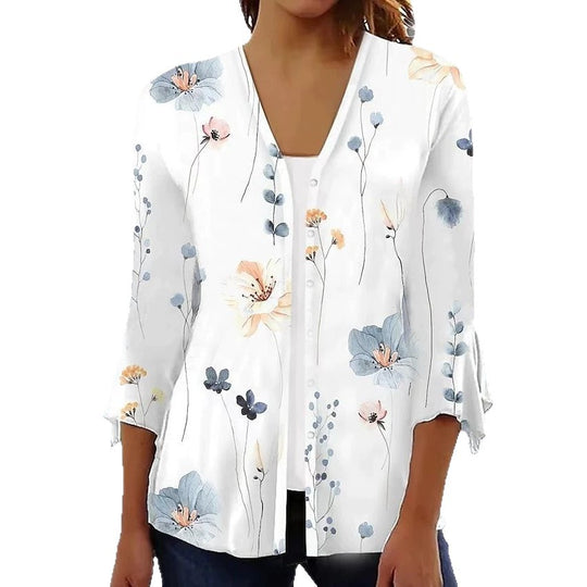 Damen nan leichte Chiffonbluse mit Aquarellblumenprint, V‑Ausschnitt, Knopfleiste und dreiviertelärmeln R&B