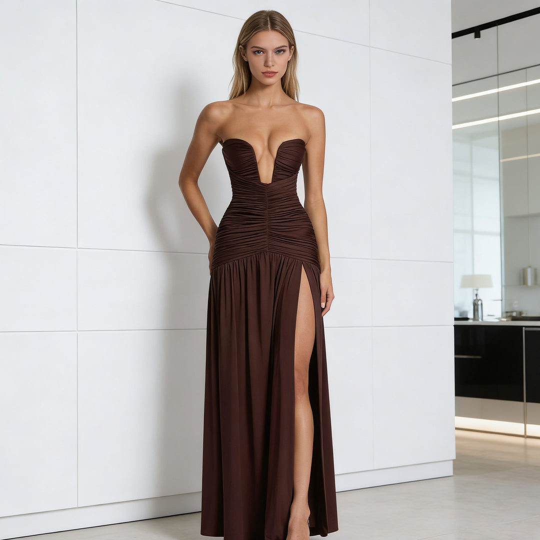 Damen Elegantes Maxikleid mit tiefem V-Ausschnitt und raffinierten Drapierungen R&B