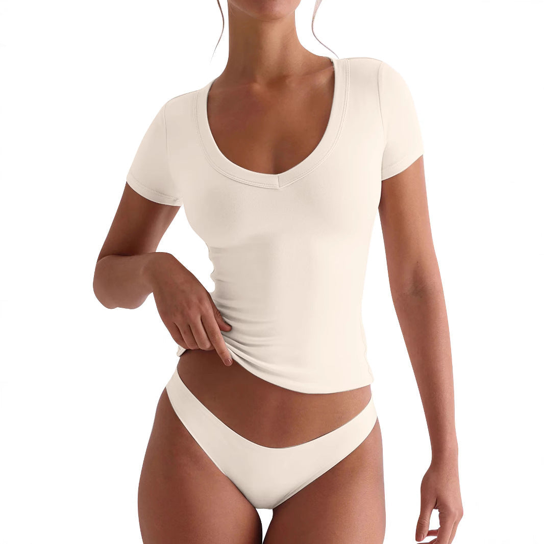 Damen figurbetontes V-Neck T-Shirt mit kurzen Ärmeln R&B