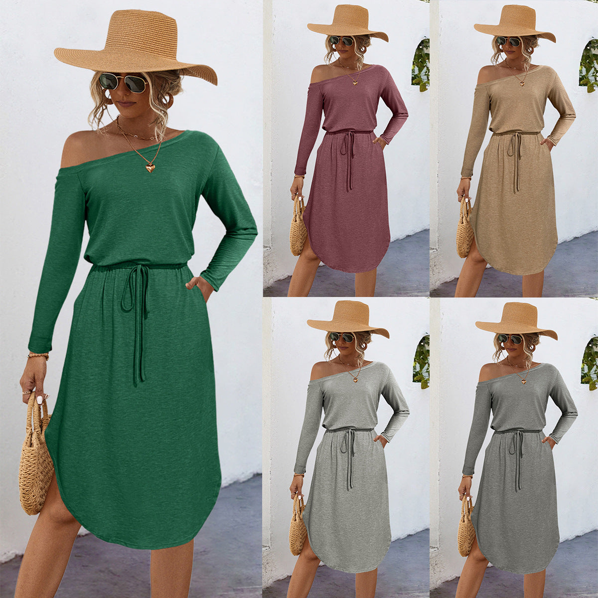 Damen lässiges Off-Shoulder Kleid mit elastischem Bund und langen Ärmeln R&B