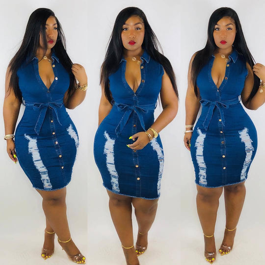 Damen figurbetontes Denim-Kleid mit Knopfleiste und Bindegürtel R&B