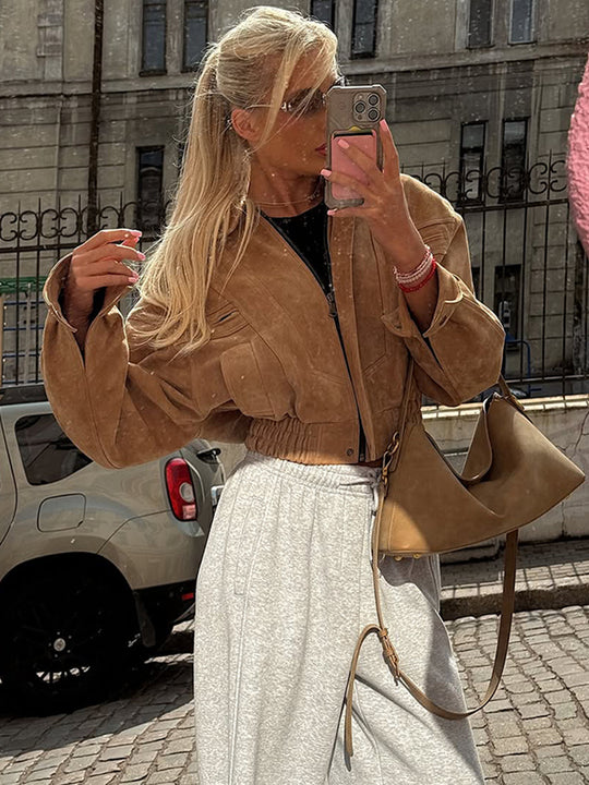 Damen cropped Wildlederjacke mit breiten Ärmeln und praktischen Taschen R&B