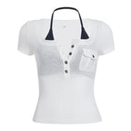 Damen Kurzarmbluse mit angesagtem Henley-Design und praktischer Brusttasche R&B