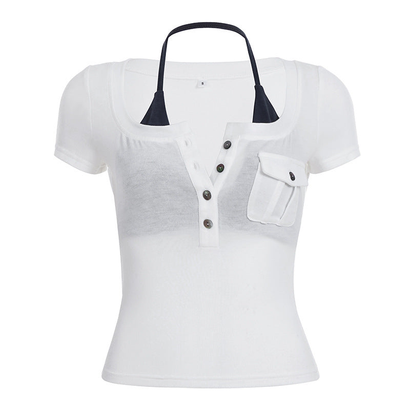 Damen Kurzarmbluse mit angesagtem Henley-Design und praktischer Brusttasche R&B