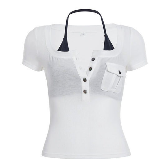 Damen Kurzarmbluse mit angesagtem Henley-Design und praktischer Brusttasche R&B