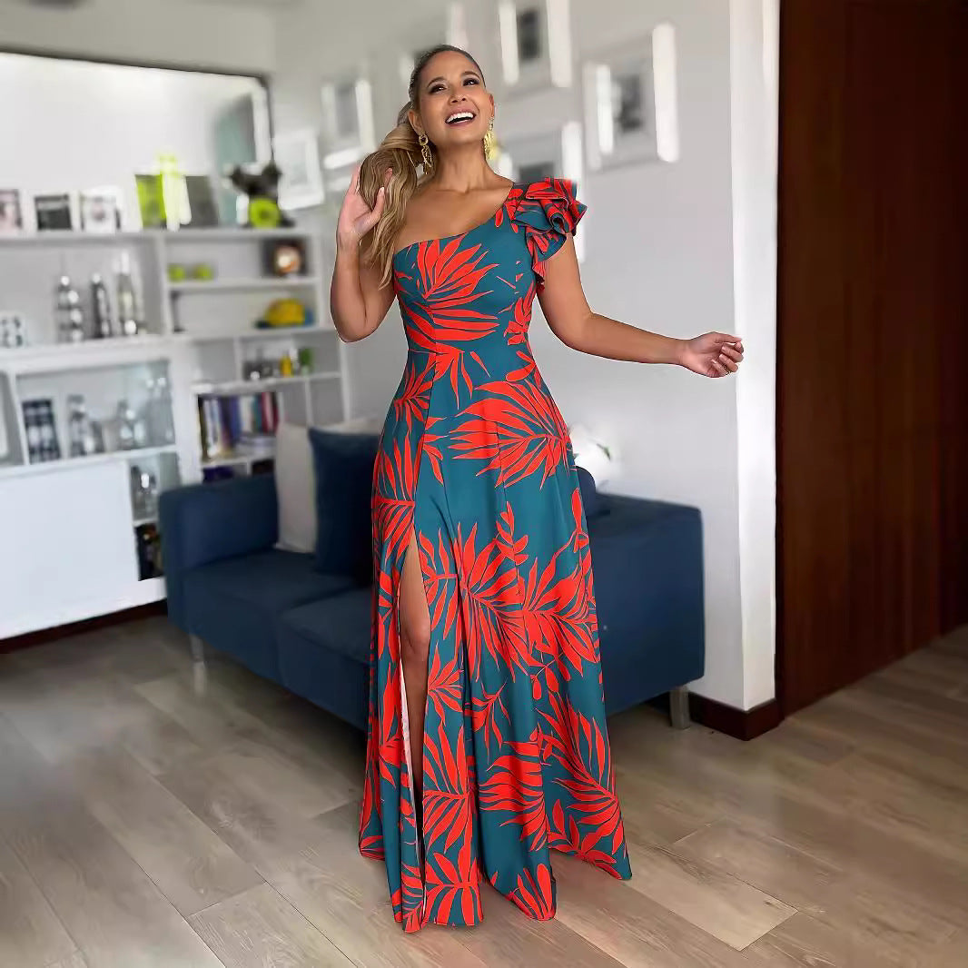 Damen Maxikleid mit asymmetrischen Rüschen und hohem Schlitz R&B