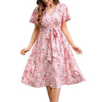 Damen Blütenmuster Wickelkleid mit Taillengürtel R&B