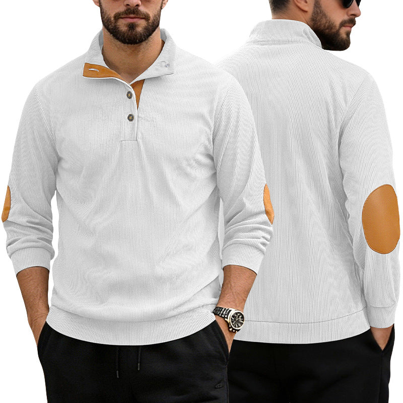 Herren nan lässiger Strukturpullover mit Polokragen, kurzer Knopfleiste und veganen Lederbesätzen R&B