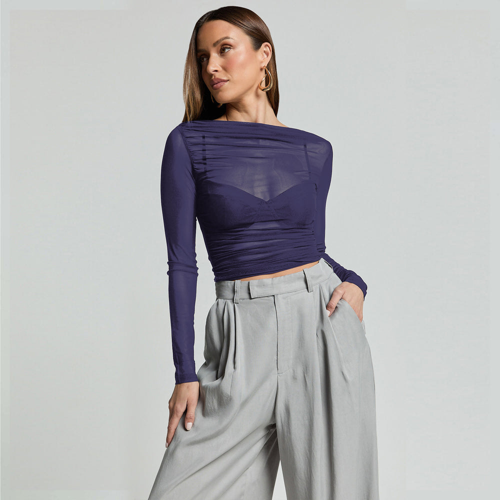 Damen Elegantes Langarmoberteil mit transparentem Mesh und Raffung R&B