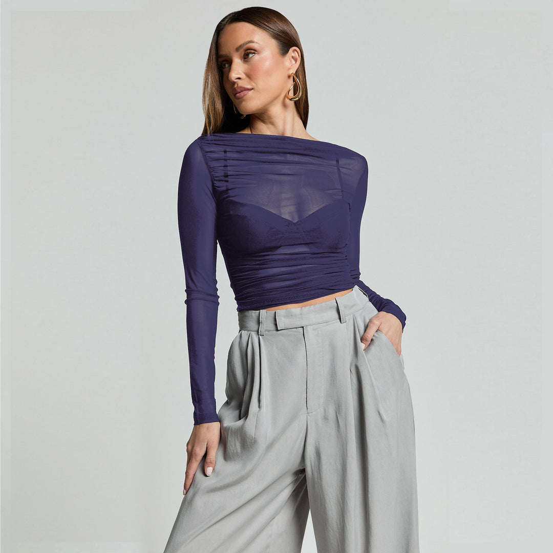 Damen Elegantes Langarmoberteil mit transparentem Mesh und Raffung R&B