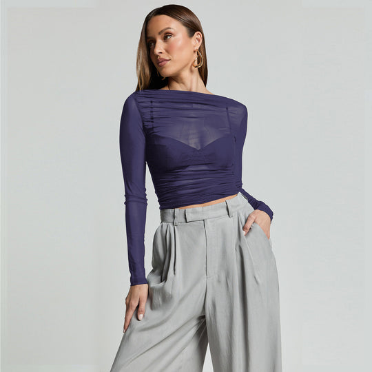 Damen Elegantes Langarmoberteil mit transparentem Mesh und Raffung R&B