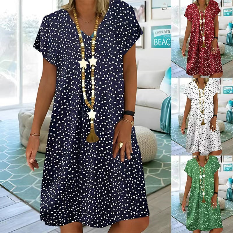 Damen nan locker fallendes V-Ausschnitt-Kurzkleid mit A-Linien-Schnitt, Cap-Ärmeln und Allover-Herzchenprint R&B