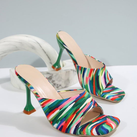 Damen Schicke offene Abendsandalen mit hohen Pfennigabsätzen und buntem Design R&B
