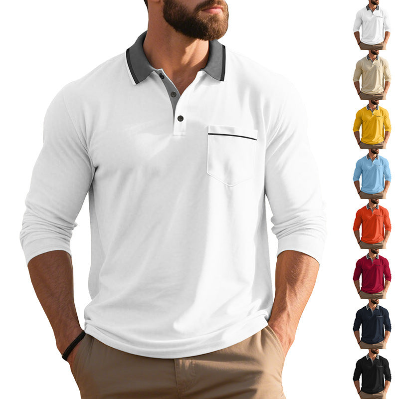 Herren Langarm-Poloshirt mit strukturiertem Design und modischer Brusttasche R&B