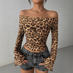 Damen nan tailliertes schulterfreies Netz-Crop-Top mit Leopardenmuster und ausgestellten Ärmeln R&B