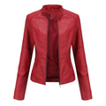 Damen nan schlanke Kunstlederjacke im Bikerstil mit Stehkragen und formenden Abnähern R&B