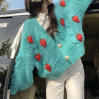 Damen Grober Strickcardigan mit Blumenstickerei und funkelnden Knöpfen R&B