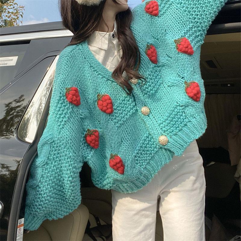 Damen Grober Strickcardigan mit Blumenstickerei und funkelnden Knöpfen R&B