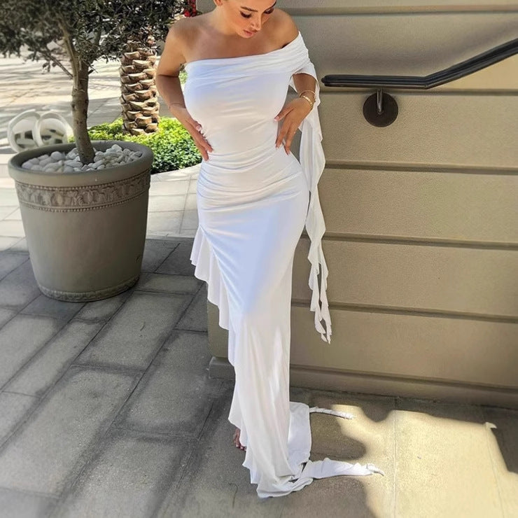 Damen Elegantes Off-Shoulder Maxikleid mit asymmetrischem Saum und Rüschendetails R&B