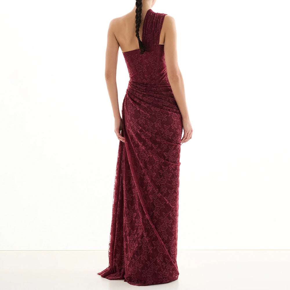 Damen elegantes Abendkleid mit asymmetrischem One-Shoulder-Design und floralem Spitzenbesatz R&B