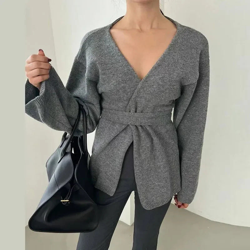 Damen Eleganter Strickmantel mit Wickeldesign R&B