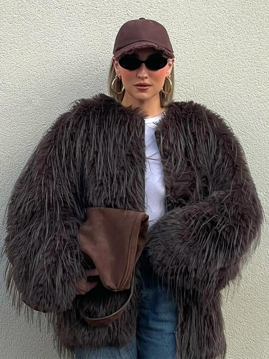 Damen Oversized Kunstpelzjacke R&B