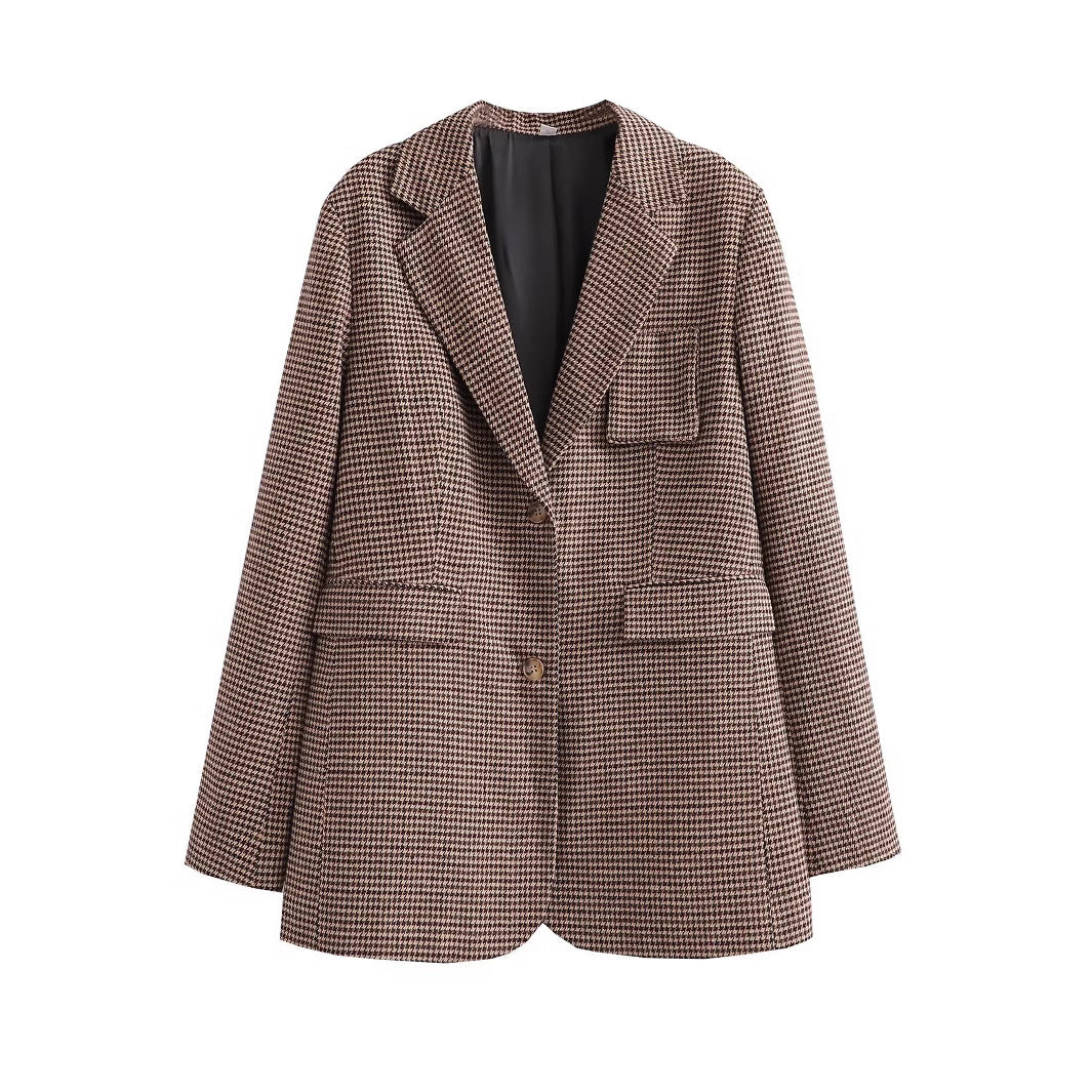Damen modische Karoblazerjacke mit tailliertem Schnitt und großen Pattentaschen