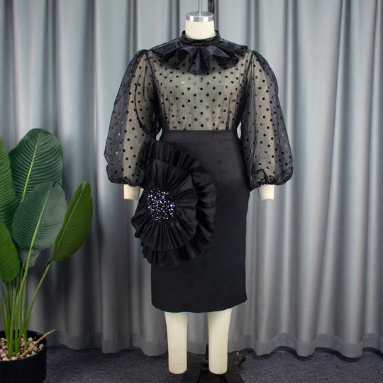 Damen Elegantes Kleid mit transparenten Puffärmeln und Rüschenakzent R&B