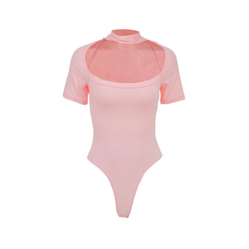 Damen Hochgeschlossenes Body-Oberteil mit transparentem Netz-Material und kurzen Ärmeln R&B