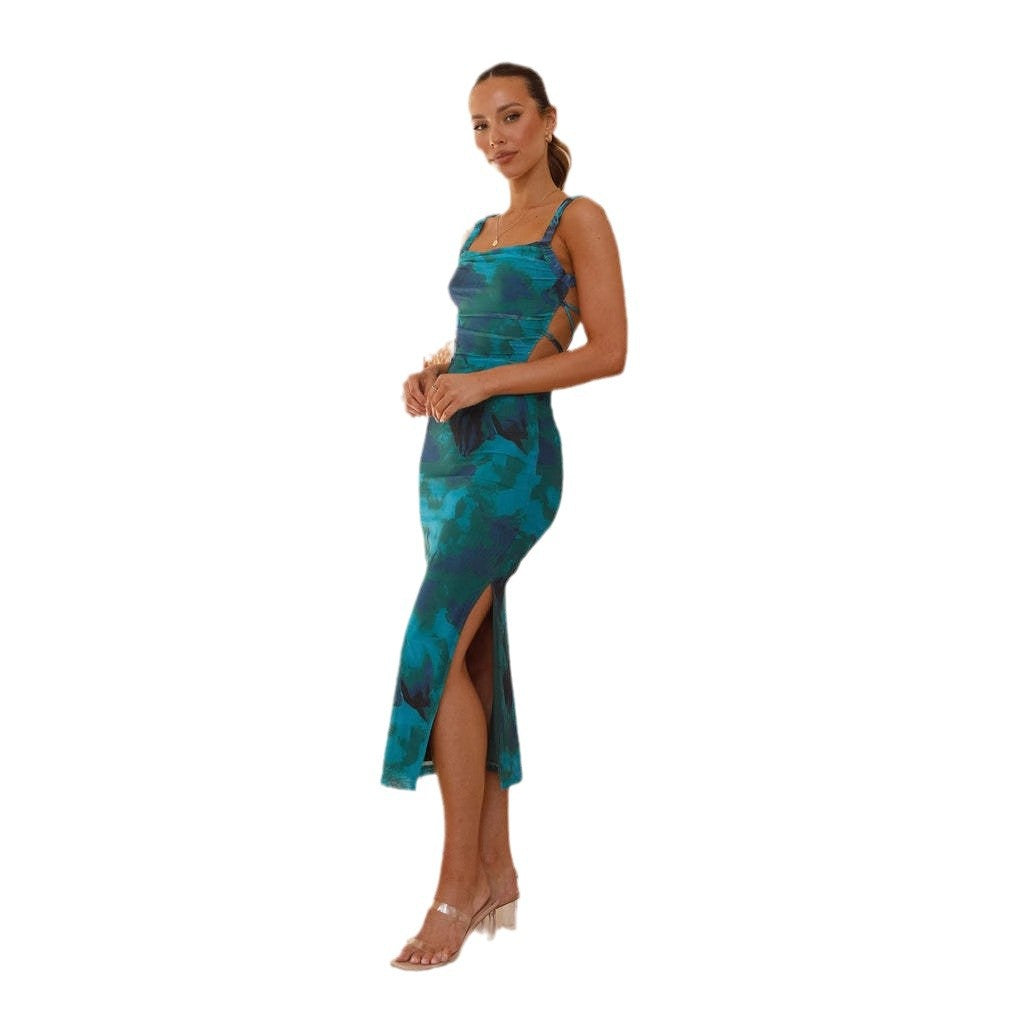 Damen Figurbetontes Midi-Kleid mit seitlichem Schlitz und Schulterträgern R&B