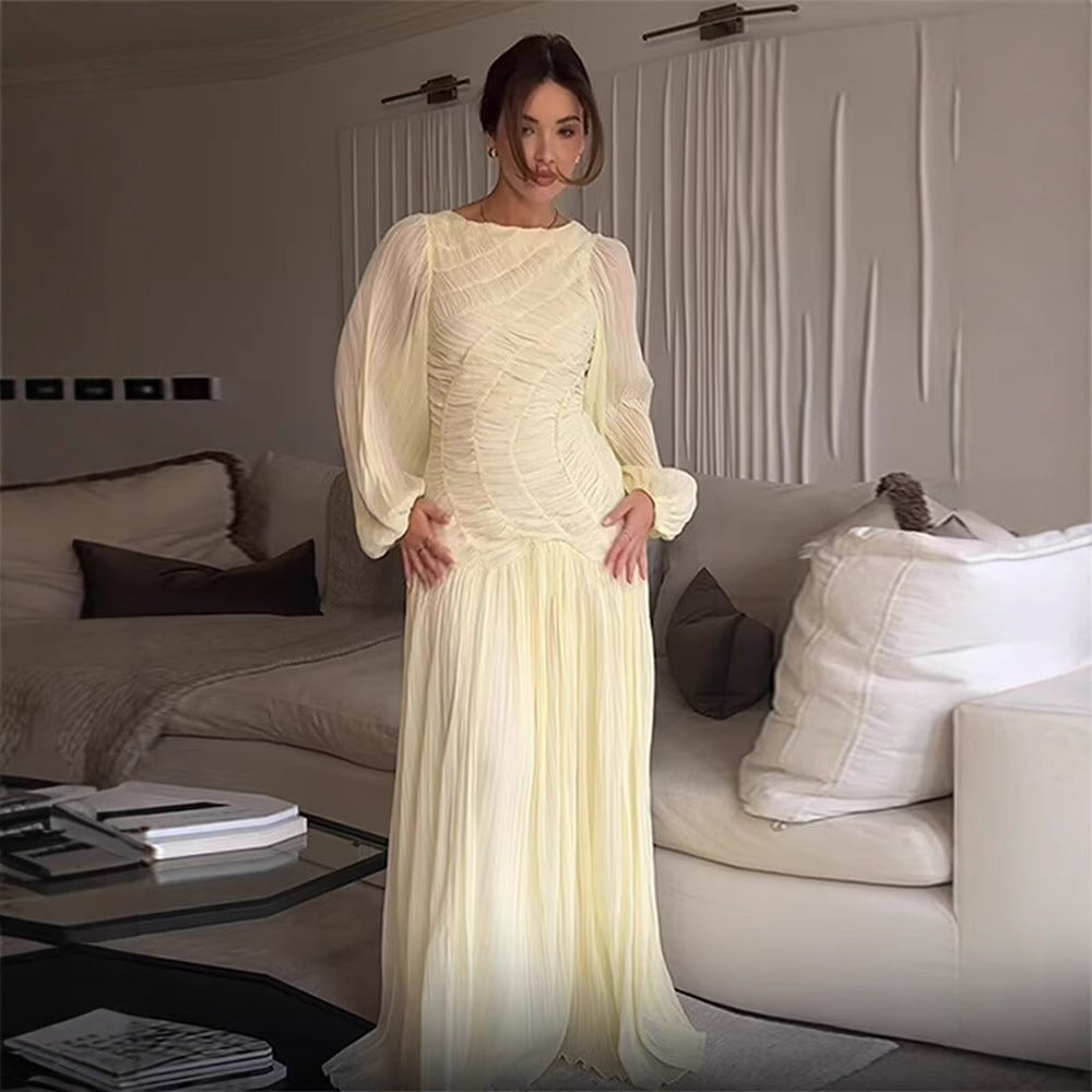 Damen Maxikleid mit eleganter Raffung und voluminösen Ärmeln R&B