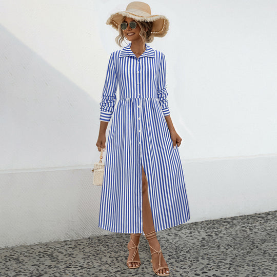 Damen Hemdblusenkleid mit vertikalem Streifenmuster und eleganter Knopfleiste R&B