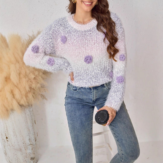Damen Fluffiger Strickpullover mit floralem Design R&B