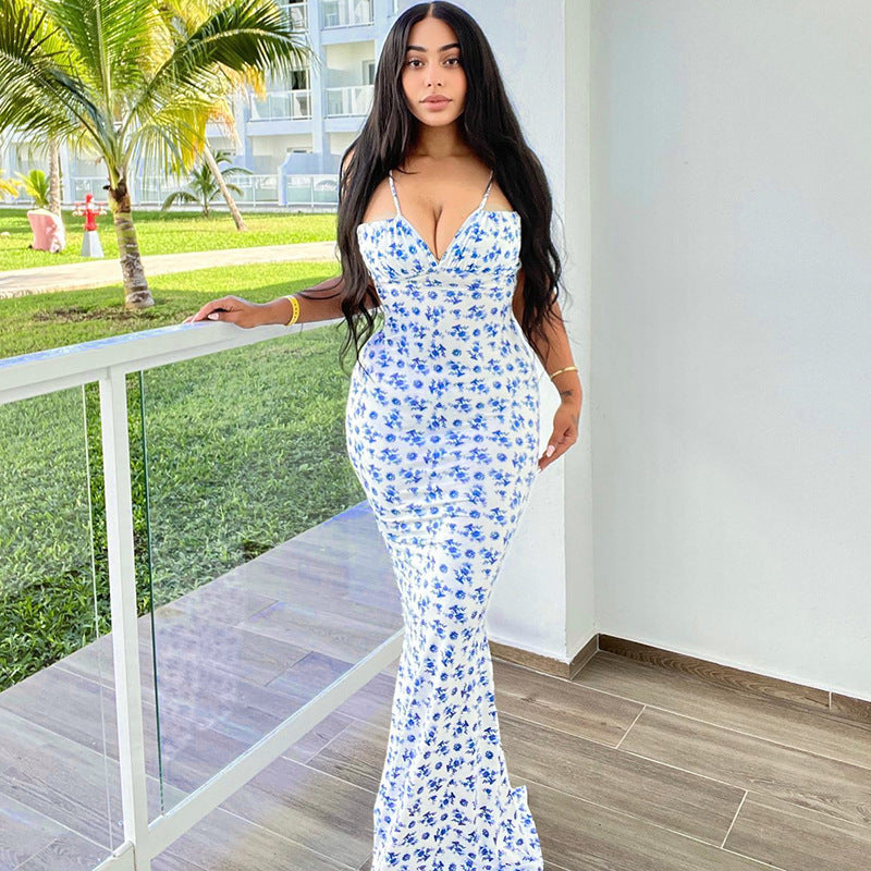 Damen Bodenlanges Kleid mit floralem Muster und verstellbaren Trägern R&B