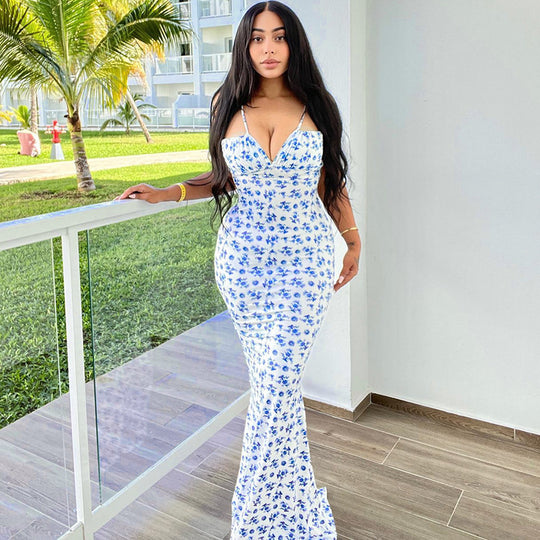 Damen Bodenlanges Kleid mit floralem Muster und verstellbaren Trägern R&B