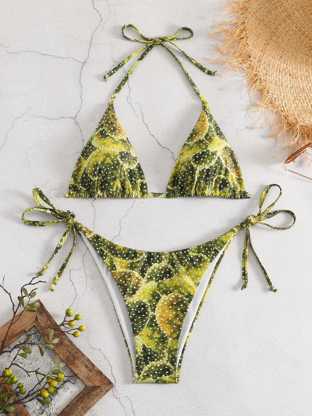 Damen Triangel-Bikini mit verspieltem Muster und verstellbaren Bindebändern R&B