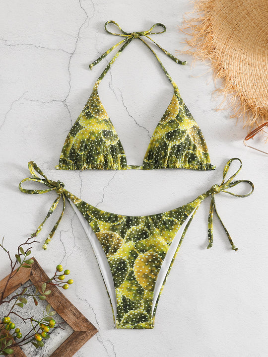 Damen Triangel-Bikini mit verspieltem Muster und verstellbaren Bindebändern R&B