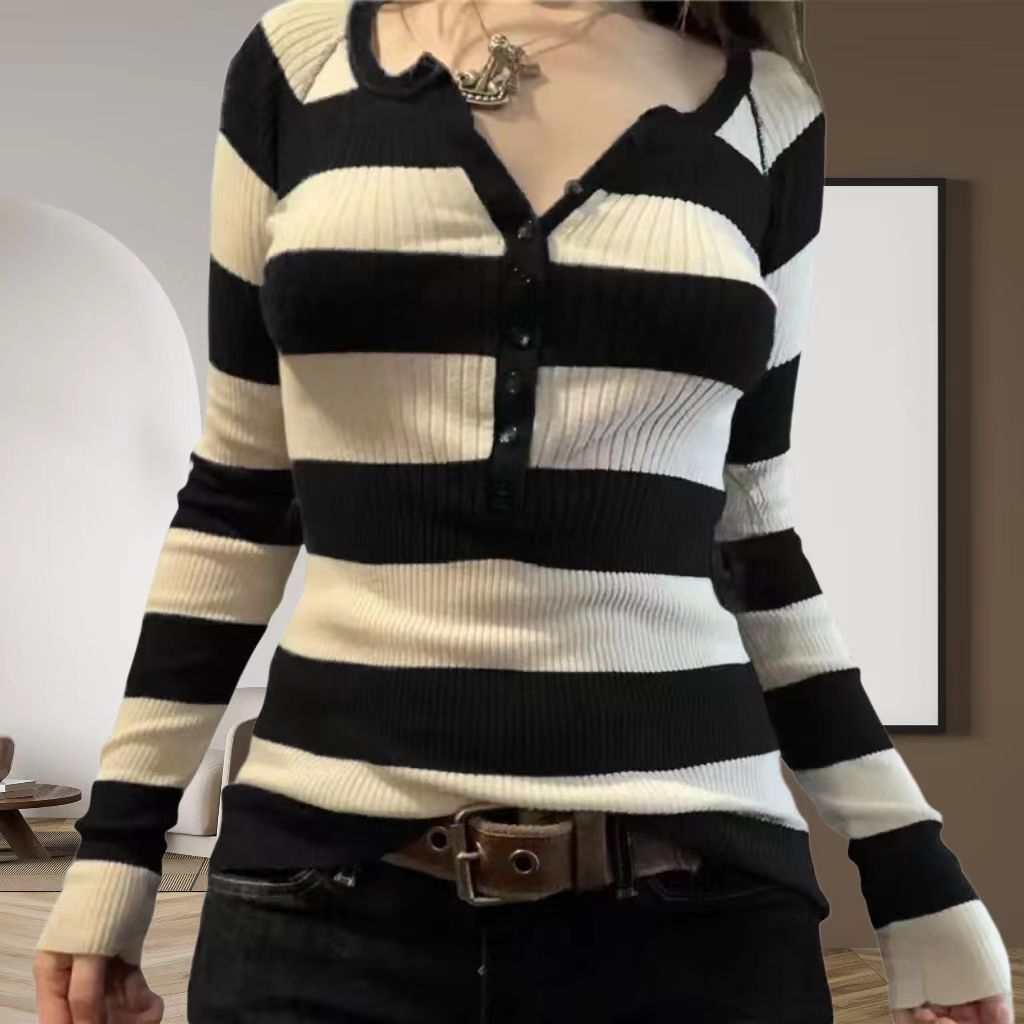 Damen Langarmshirt mit Knopfleiste und Streifenmuster R&B