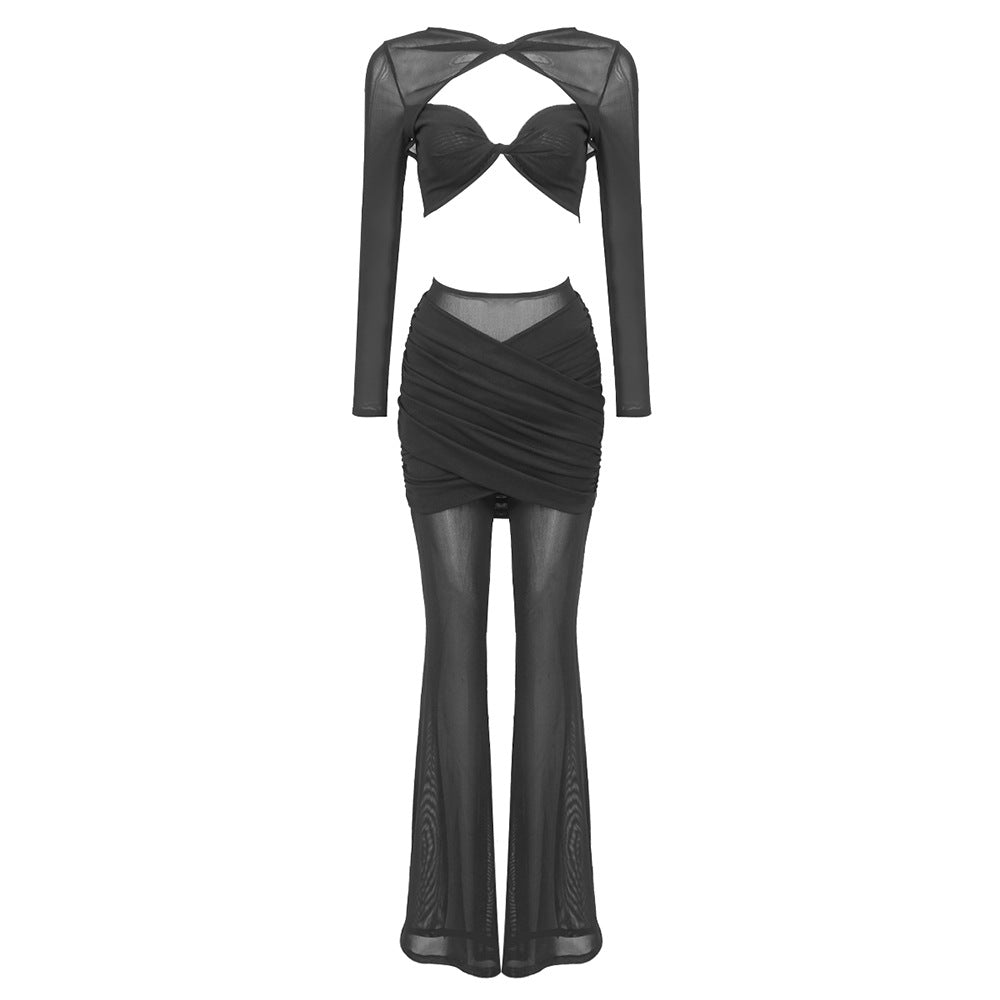 Damen Outfit-Set mit Langarmoberteil und stilvollem Wickelrock R&B