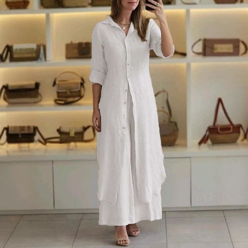 Damen nan langes Leinen-Hemdblusenkleid mit durchgehender Knopfleiste, Hemdkragen und dezentem A-Linien-Schnitt R&B