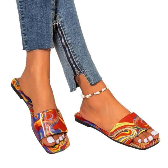 Damen Offene Riemchen-Sandalen mit buntem Marmor-Design R&B