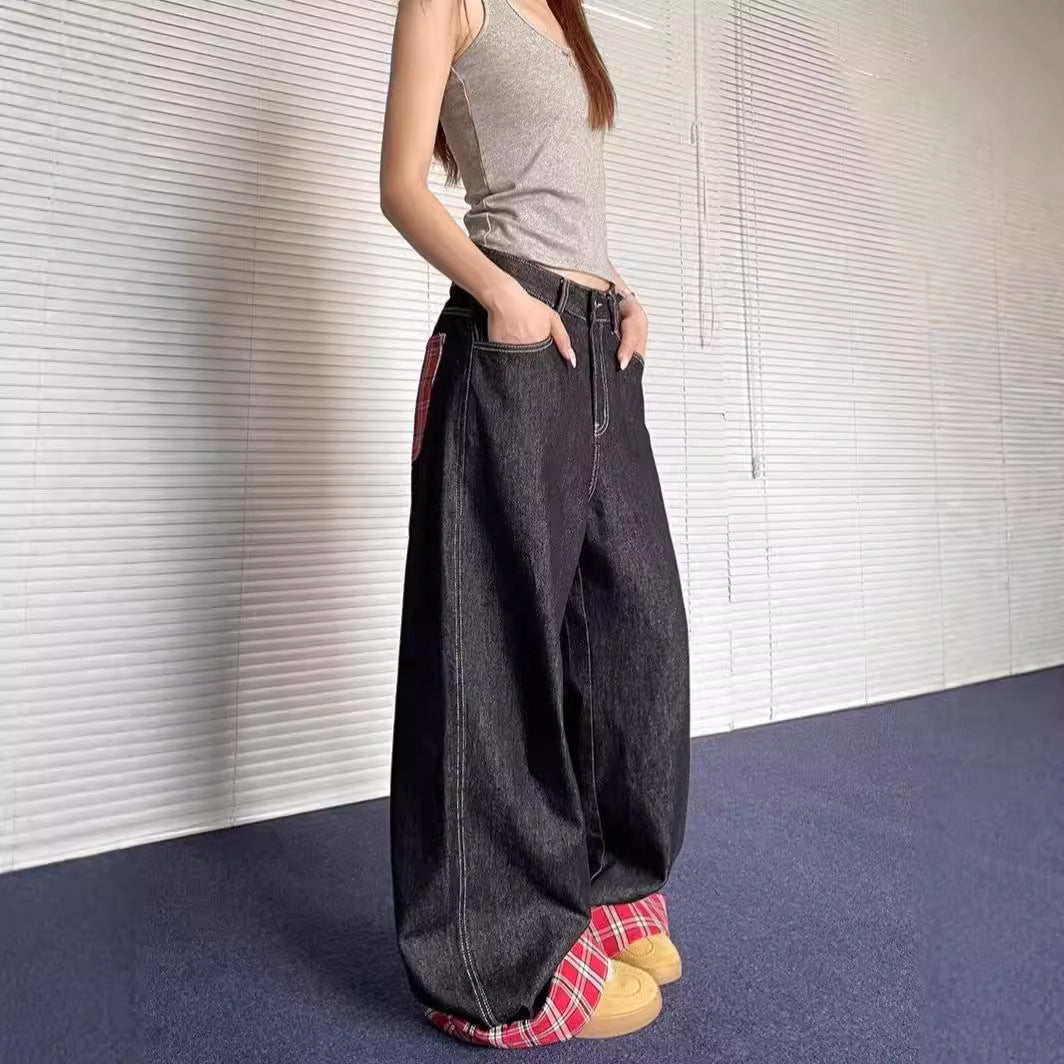 Damen weite Denim-Hose mit lässigem Schnitt und auffälligen Nähten R&B