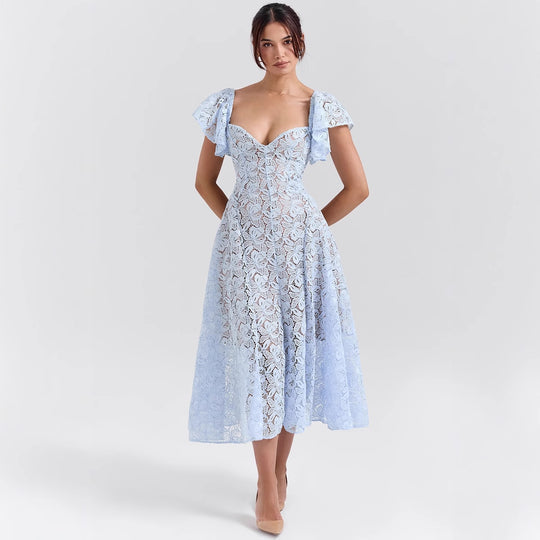 Damen Spitzenkleid mit voluminösen Rüschärmeln und ausgestelltem Rock R&B