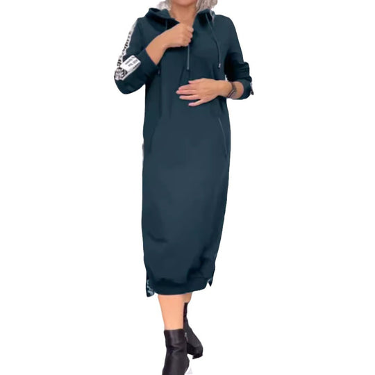 Damen nan knöchellanges Kapuzen-Sweatkleid mit Halbzip, Kängurutaschen und seitlicher Zierpaspel R&B