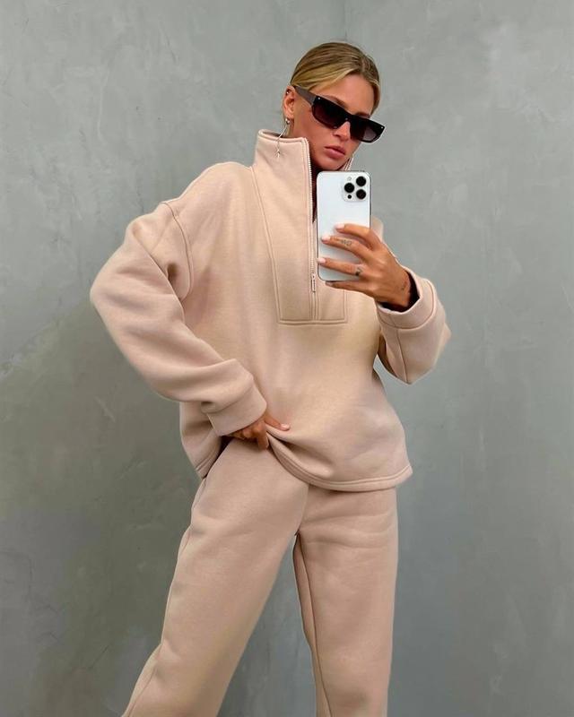 Damen sportlicher Fleece-Pullover und Jogginghose-Set mit hohem Kragen